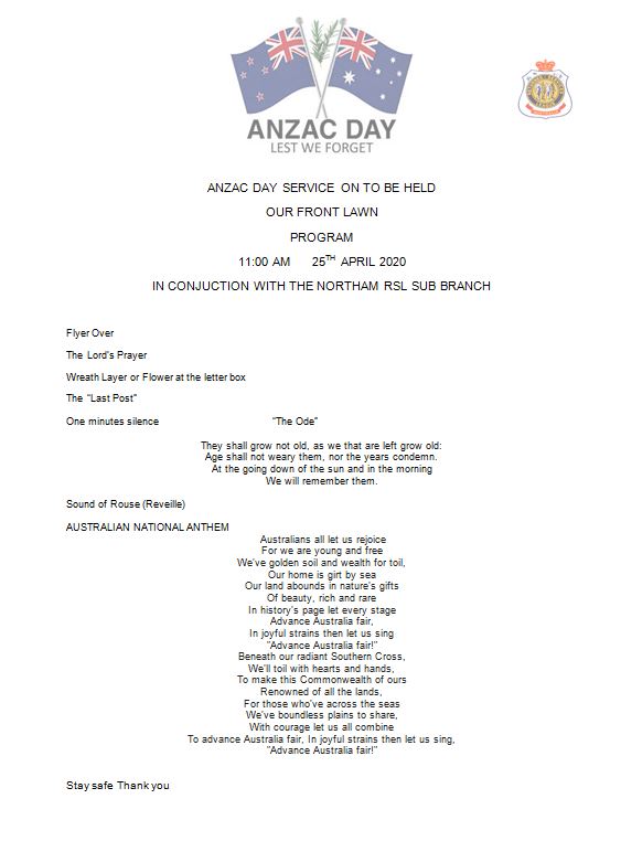 Order of service Anzac Day 2020